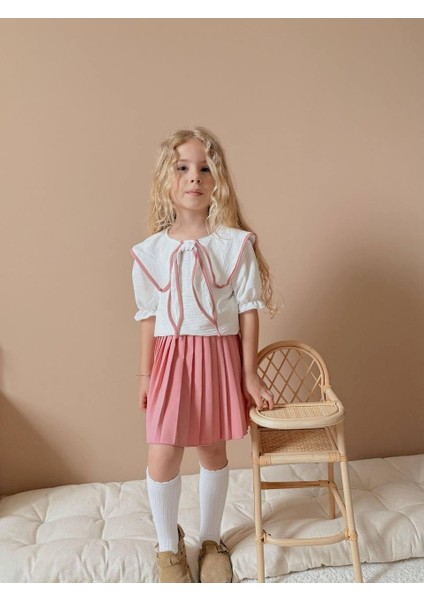 Kız Çocuk Pileli Etekli Takım I Fırfırlı Yaka Vintage Stil I Kız Çocuk Fiyonklu Yaka Detaylı indirimleri