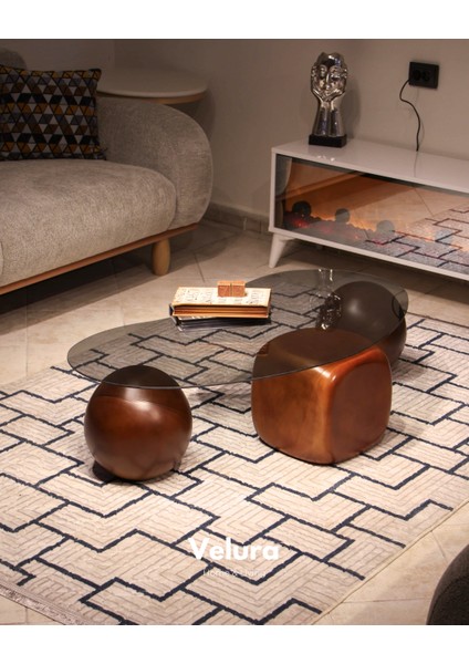 Modern Orta Sehpa & Top Sehpa Cam Sehpa & Küre Orta Sehpa - 2 Ceviz Top & 1 Ceviz Zar - Fasulye - Füme Cam