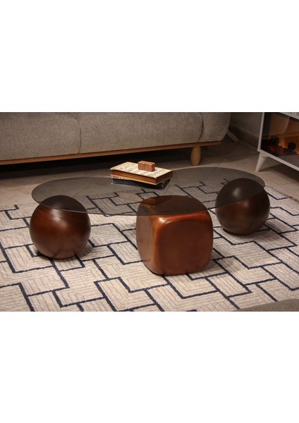 Modern Orta Sehpa & Top Sehpa Cam Sehpa & Küre Orta Sehpa - 2 Ceviz Top & 1 Ceviz Zar - Fasulye - Füme Cam modelleri