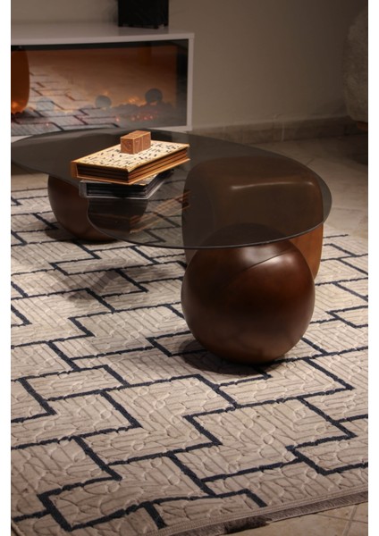 Modern Orta Sehpa & Top Sehpa Cam Sehpa & Küre Orta Sehpa - 2 Ceviz Top & 1 Ceviz Zar - Fasulye - Füme Cam