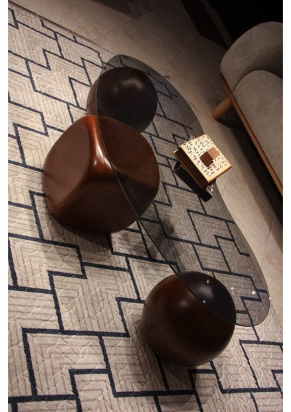 Modern Orta Sehpa & Top Sehpa Cam Sehpa & Küre Orta Sehpa - 2 Ceviz Top & 1 Ceviz Zar - Fasulye - Füme Cam