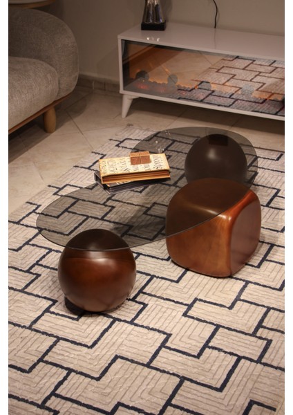 Modern Orta Sehpa & Top Sehpa Cam Sehpa & Küre Orta Sehpa - 2 Ceviz Top & 1 Ceviz Zar - Fasulye - Füme Cam