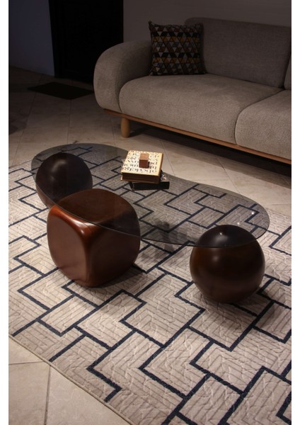 Modern Orta Sehpa & Top Sehpa Cam Sehpa & Küre Orta Sehpa - 2 Ceviz Top & 1 Ceviz Zar - Fasulye - Füme Cam