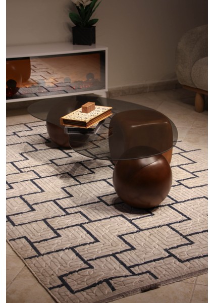 Modern Orta Sehpa & Top Sehpa Cam Sehpa & Küre Orta Sehpa - 2 Ceviz Top & 1 Ceviz Zar - Fasulye - Füme Cam