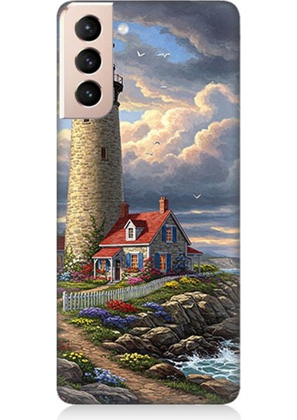 Samsung Galaxy S21 Uyumlu Kayalıkta Gök Altında Deniz Feneri Desenli Silikon Kılıf