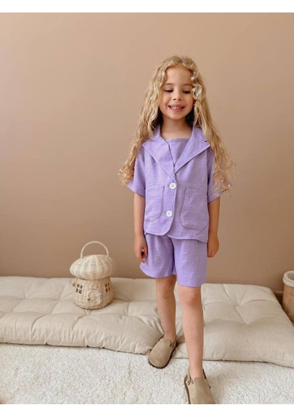 Keten Rahat Takım I Yazlık Şortlu Çeket Kız Çocuk Kombini I Kız Çocuk Yazlık Takım 2'li