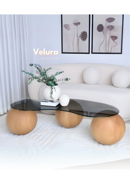 Modern Orta Sehpa & Top Sehpa Cam Sehpa & Küre Orta Sehpa - Açık Ceviz Top - Fasulye - Füme Cam