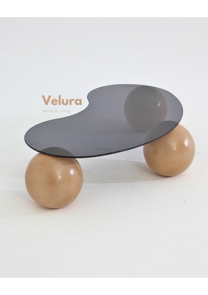 Modern Orta Sehpa & Top Sehpa Cam Sehpa & Küre Orta Sehpa - Açık Ceviz Top - Fasulye - Füme Cam