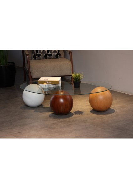 Modern Orta Sehpa & Top Sehpa Cam Sehpa & Küre Orta Sehpa - 1 Beyaz Top & 1 Ceviz Top & 1 Meşe Top - Fasulye - Şeffaf Cam modelleri