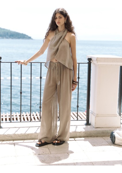 Cadhas Boyundan Bağlamalı Haki Crop Pantolon Takım