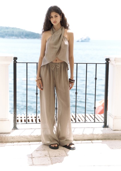 Cadhas Boyundan Bağlamalı Haki Crop Pantolon Takım fiyatları