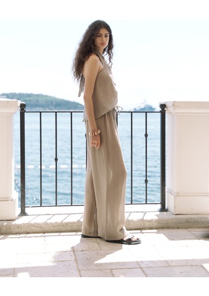 Cadhas Boyundan Bağlamalı Haki Crop Pantolon Takım fırsatları