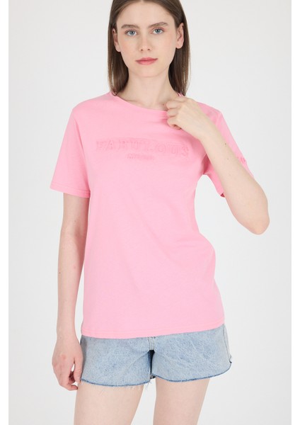 Şeker Pembe Kabartma Yazılı Relaxed Fit Tişört 25209 fiyatları