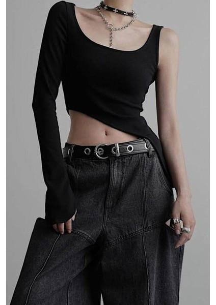 Siyah Kare Yaka Tek Gotik Y2K Kollu Crop