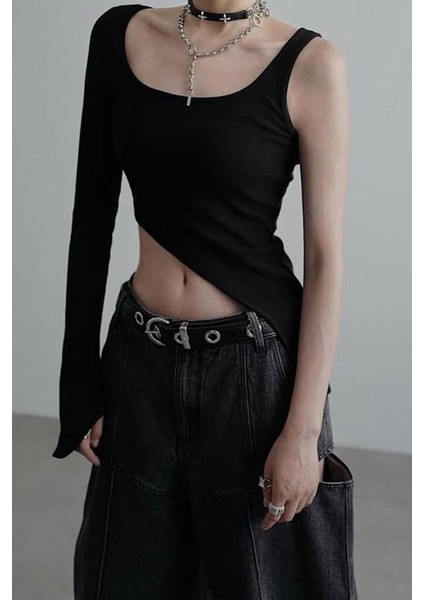 Siyah Kare Yaka Tek Gotik Y2K Kollu Crop fiyatları