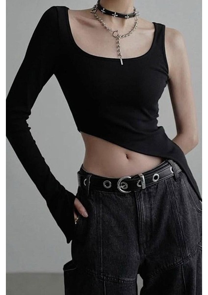 Siyah Kare Yaka Tek Gotik Y2K Kollu Crop modelleri