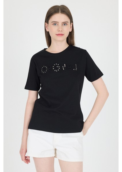 Siyah Yazı Kabartmalı Relaxed Fit Tişört 25224