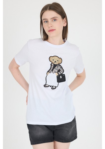 Beyaz Ayıcık Nakışlı Regular Fit Tişört 252502