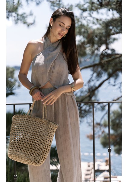 Cadhas Boyundan Bağlamalı Vizon Crop Pantolon Takım