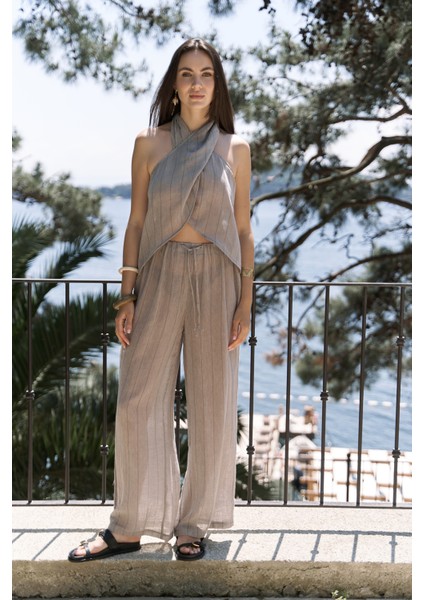 Cadhas Boyundan Bağlamalı Vizon Crop Pantolon Takım modelleri