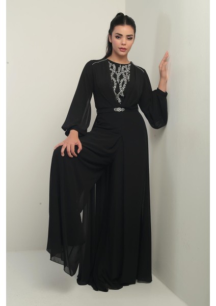 Kadın Ön Arka Taş Detaylı Astarlı Bol Paça Şifon Tulum