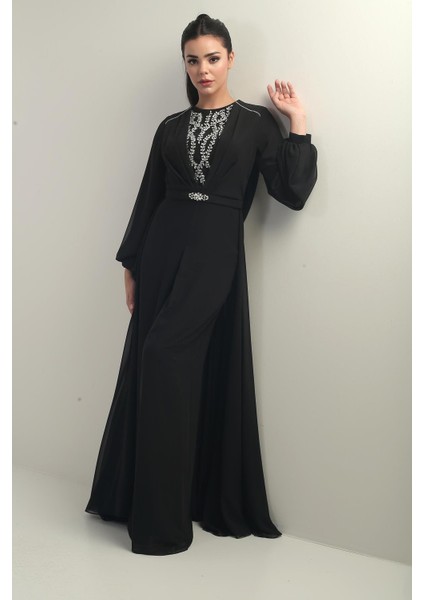 Kadın Ön Arka Taş Detaylı Astarlı Bol Paça Şifon Tulum modelleri