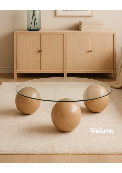 Modern Orta Sehpa & Top Sehpa Cam Sehpa & Küre Orta Sehpa - Açık Ceviz Top - Yuvarlak - Şeffaf Cam