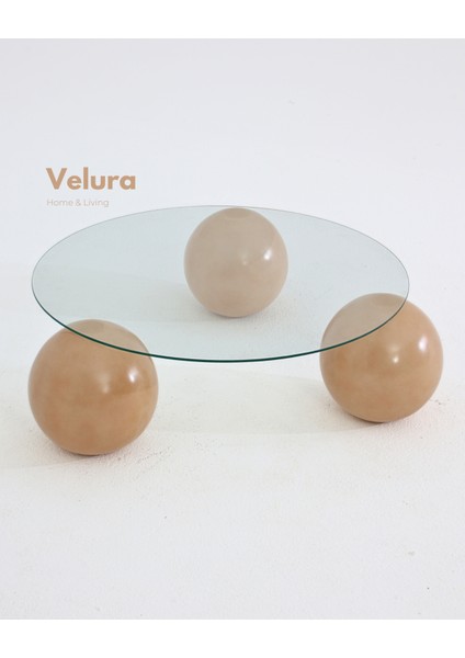 Modern Orta Sehpa & Top Sehpa Cam Sehpa & Küre Orta Sehpa - Açık Ceviz Top - Yuvarlak - Şeffaf Cam