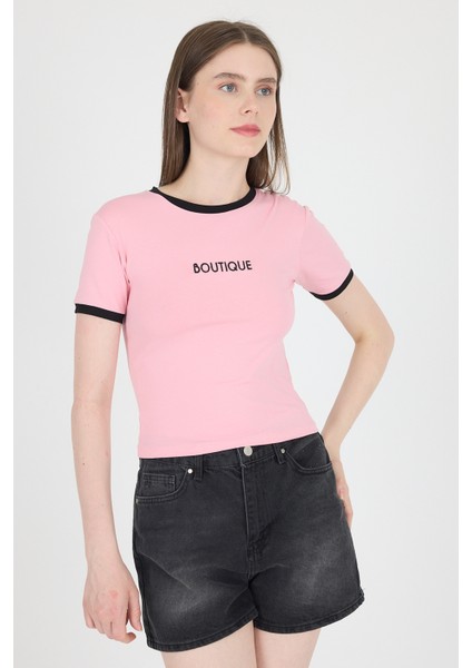 Pembe Yazı Baskılı Biyeli Pamuklu Slim Fit Tişört 9192M fiyatları