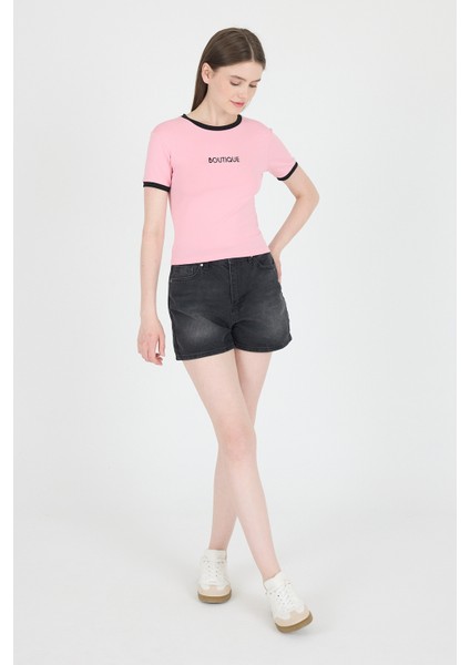 Pembe Yazı Baskılı Biyeli Pamuklu Slim Fit Tişört 9192M modelleri