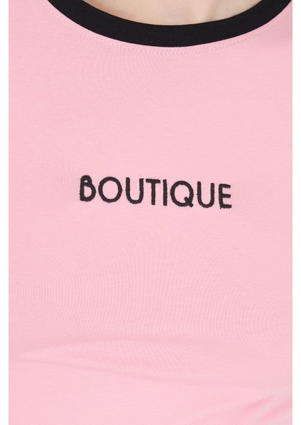 Pembe Yazı Baskılı Biyeli Pamuklu Slim Fit Tişört 9192M fırsatları