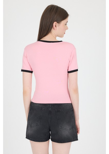 Pembe Yazı Baskılı Biyeli Pamuklu Slim Fit Tişört 9192M indirimleri