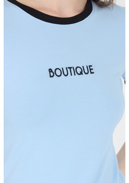 Mavi Yazı Baskılı Biyeli Pamuklu Slim Fit Tişört 9192M fırsatları