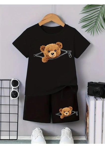 Fermuar Ayı Basklı Şort/t-Shirt Alt-Üst Yazlık Çocuk Takım