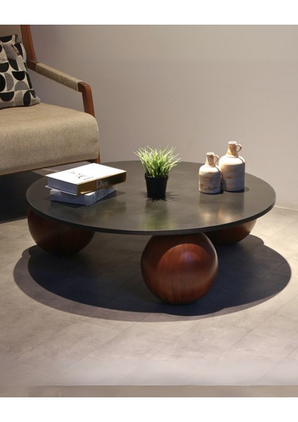 Modern Orta Sehpa & Top Sehpa Cam Sehpa & Küre Orta Sehpa - Koyu Ceviz Top - Yuvarlak - Siyah Mdf