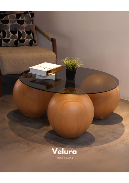 Modern Orta Sehpa & Top Sehpa Cam Sehpa & Küre Orta Sehpa - 41 cm Meşe - Yuvarlak - Füme Cam