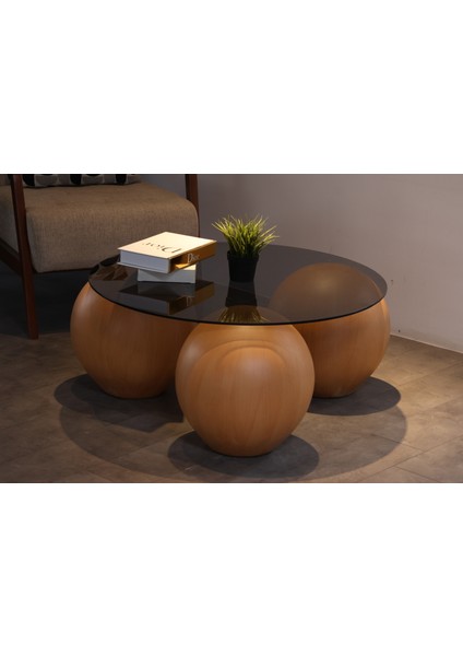 Modern Orta Sehpa & Top Sehpa Cam Sehpa & Küre Orta Sehpa - 41 cm Meşe - Yuvarlak - Füme Cam