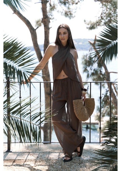 Cadhas Boyundan Bağlamalı Kahve Crop Pantolon Takım