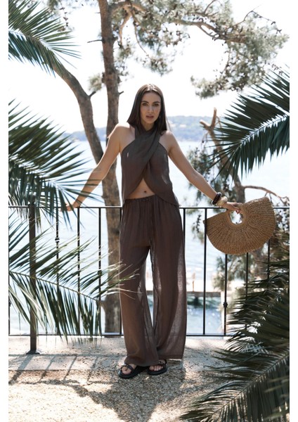 Cadhas Boyundan Bağlamalı Kahve Crop Pantolon Takım fiyatları