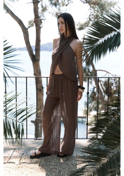 Cadhas Boyundan Bağlamalı Kahve Crop Pantolon Takım modelleri