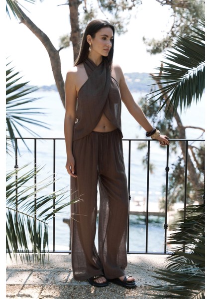 Cadhas Boyundan Bağlamalı Kahve Crop Pantolon Takım fırsatları