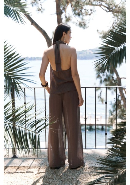 Cadhas Boyundan Bağlamalı Kahve Crop Pantolon Takım indirimleri