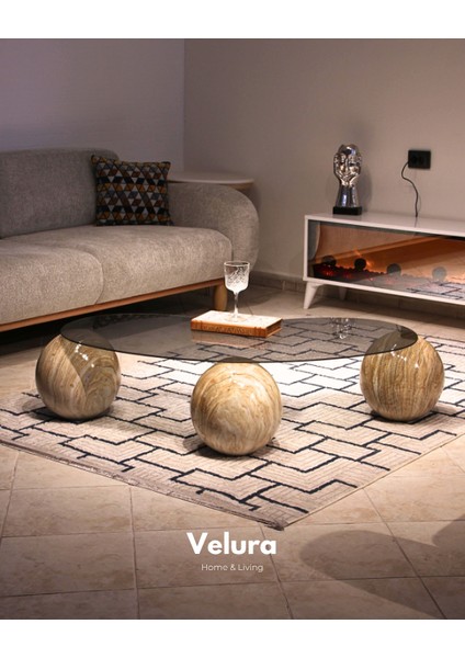 Modern Orta Sehpa & Top Sehpa Cam Sehpa & Küre Orta Sehpa - Traverten Mermer Top - Fasulye - Füme Cam modelleri