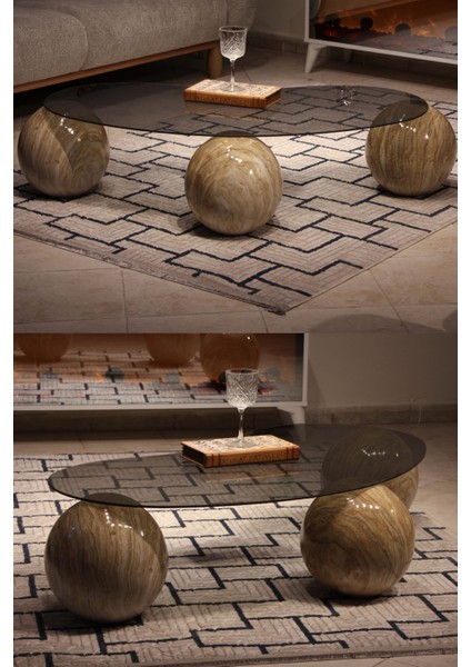 Modern Orta Sehpa & Top Sehpa Cam Sehpa & Küre Orta Sehpa - Traverten Mermer Top - Fasulye - Füme Cam fırsatları