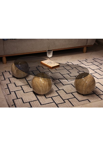 Modern Orta Sehpa & Top Sehpa Cam Sehpa & Küre Orta Sehpa - Traverten Mermer Top - Fasulye - Füme Cam indirimleri