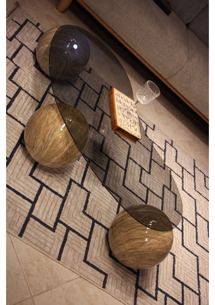 Modern Orta Sehpa & Top Sehpa Cam Sehpa & Küre Orta Sehpa - Traverten Mermer Top - Fasulye - Füme Cam