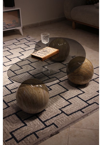 Modern Orta Sehpa & Top Sehpa Cam Sehpa & Küre Orta Sehpa - Traverten Mermer Top - Fasulye - Füme Cam