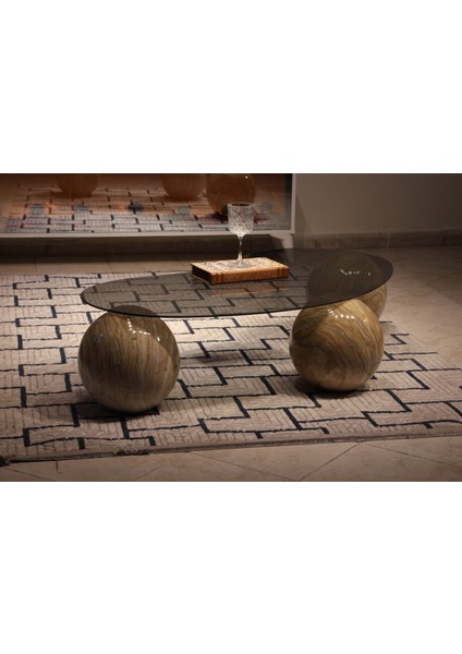 Modern Orta Sehpa & Top Sehpa Cam Sehpa & Küre Orta Sehpa - Traverten Mermer Top - Fasulye - Füme Cam