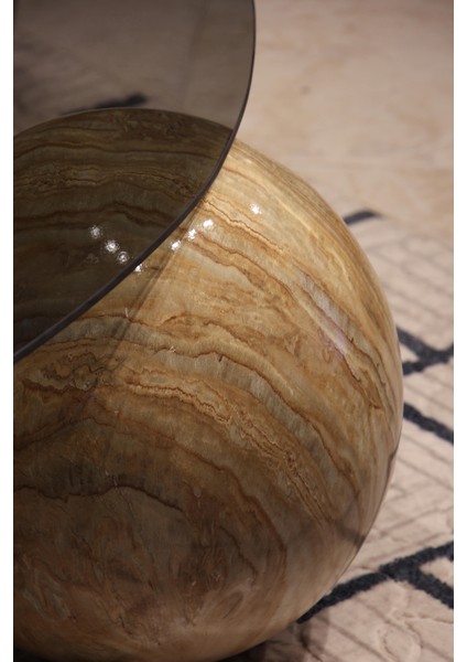 Modern Orta Sehpa & Top Sehpa Cam Sehpa & Küre Orta Sehpa - Traverten Mermer Top - Fasulye - Füme Cam