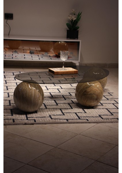 Modern Orta Sehpa & Top Sehpa Cam Sehpa & Küre Orta Sehpa - Traverten Mermer Top - Fasulye - Füme Cam